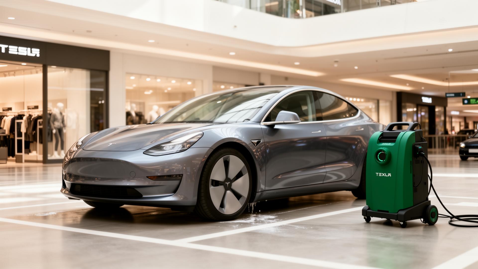 Premium electric car being detailed in a modern mall parking garage with a green EcoWash portable unit